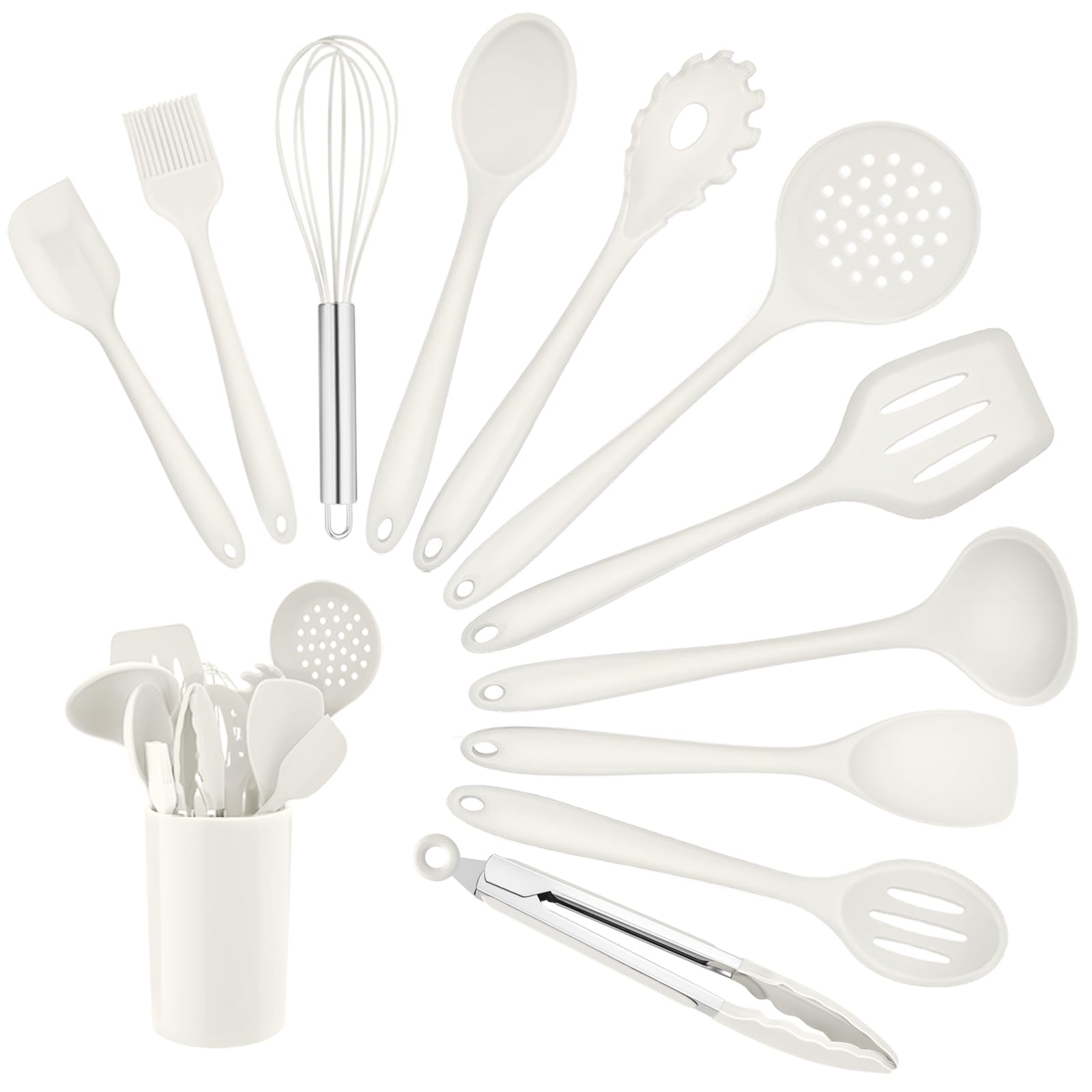 Homikit Set di 12 utensili da cucina in silicone, resistenti al calore, utensili da cucina con porta utensili, sani e antiaderenti, colore: bianco