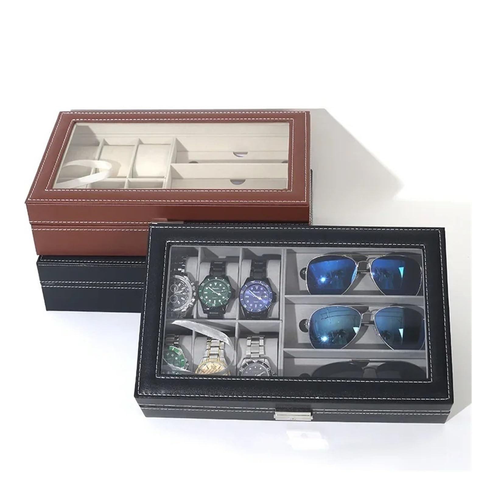 Staubdichte Uhrenbox aus Pu-Leder mit 6 Positionen, 3 Sonnenbrillen-Vitrine, Aufbewahrungstasche, Uhrenarmbänder-Aufbewahrungsbox zur Aufbewahrung von Uhren(Outer Black inner Rice)