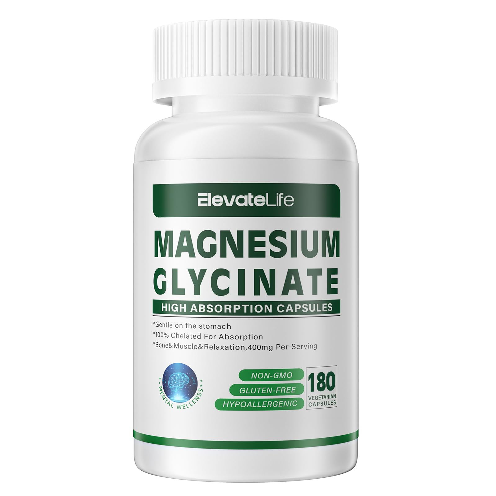 Magnesium Glycinate 400 MG per Serving 100% Chelated for High Absorption, Gentle On Stomach, Non-GMO, 180 Vegetarian Capsules 180 Count (Pack of 1)