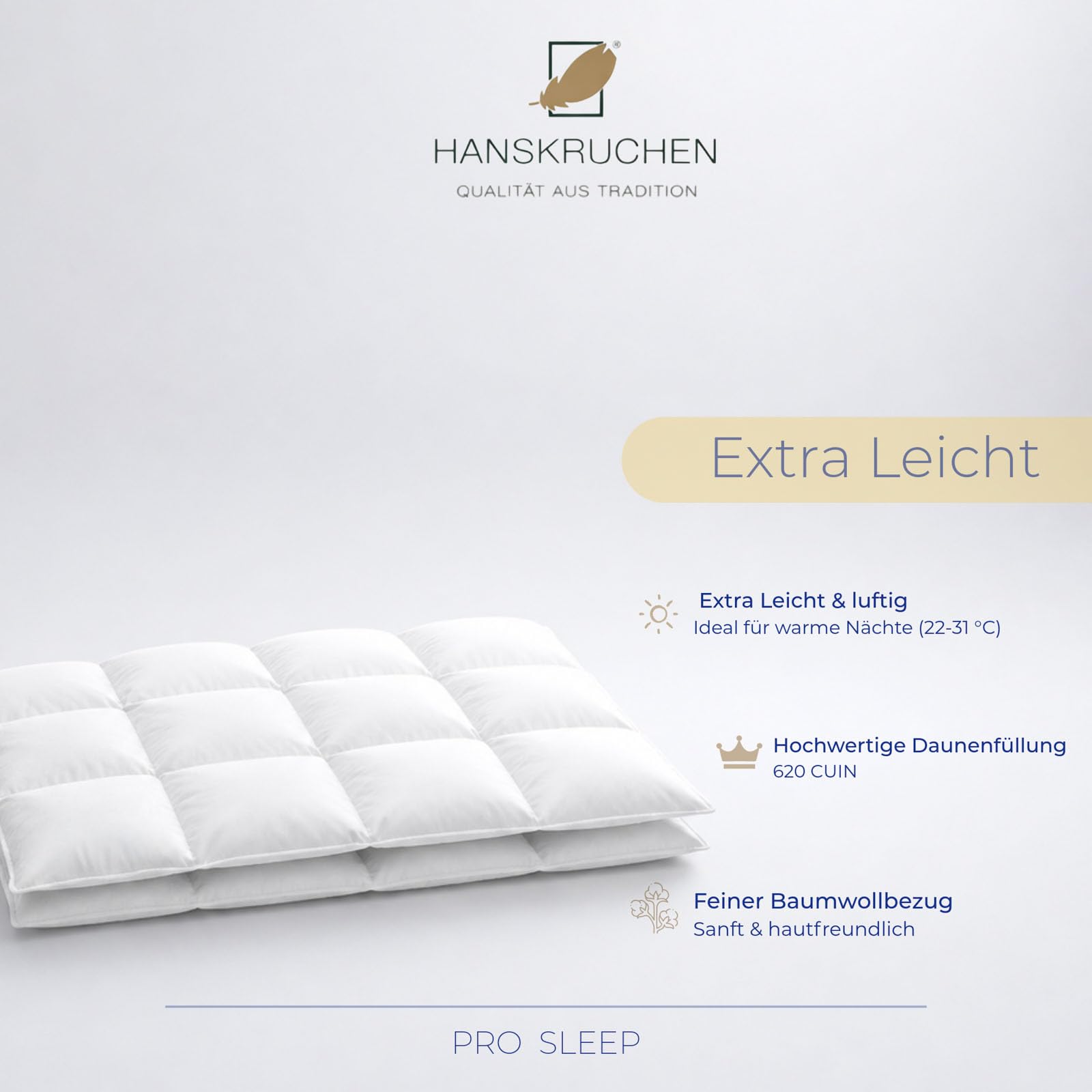 Pro Sleep Daunendecke 155x220 cm - Extra leicht / Sommer - Made in Germany Kassettendecke aus 100% Baumwolle - Allergiker geeignet