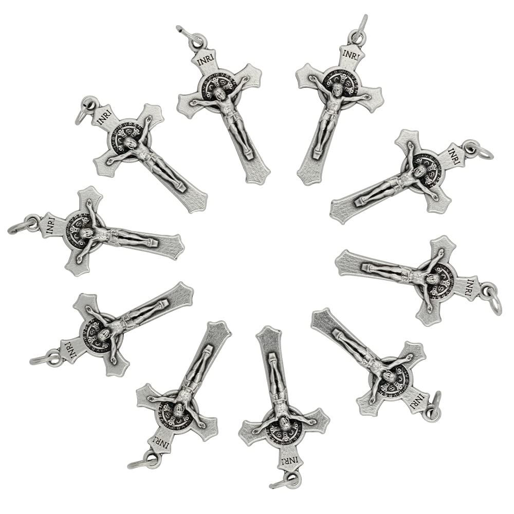 VILLAGE GIFT IMPORTERS Lot of 10 (Ten) Saint Benedict Crucifix Pendants | For Rosaries and Religious Jewelry | Catholic DIY and Craft Supplies | Made in Italy