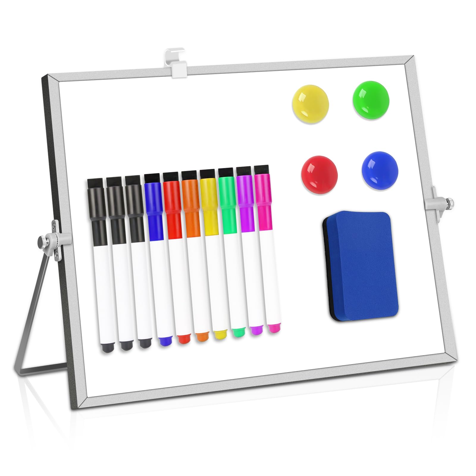Mini tableau blanc, format A3, avec support, 30 x 40 cm, magnétique, effaçable, portable, double face, pour la planification, l'école et le bureau, avec 10 marqueurs, 4 aimants, 1 éponge
