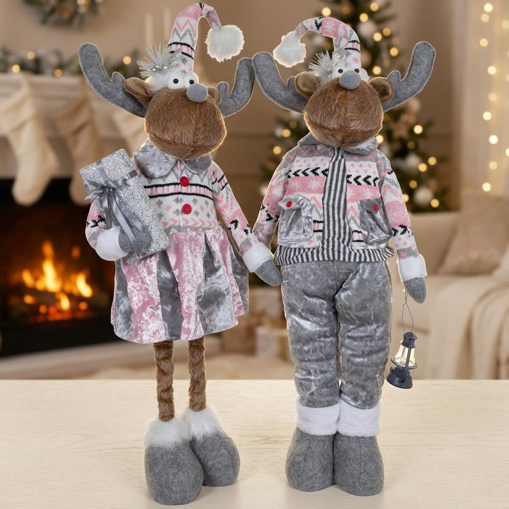 XL Weihnachts-Elch 52cm ausziehbar (80cm) im 2er Set Teleskopbeine Rentier Silber-rosa