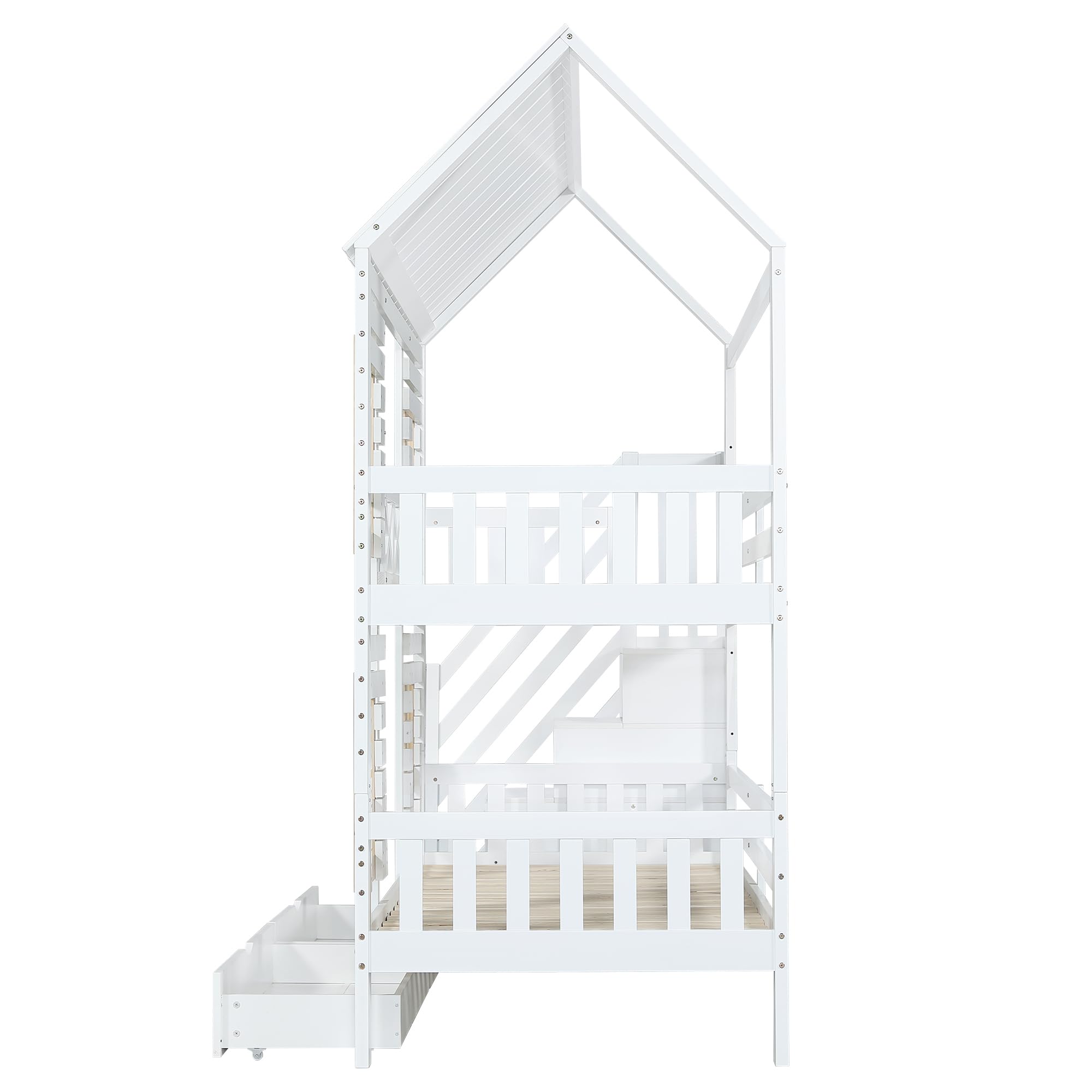 Kinderbett Etagenbett 90 x 200, Hausbett für 2 Kinder, Hochbett mit Lattenrost, Treppe mit 4 Ablagefächern, Rausfallschutz, Zwei Schubladen mit Rollen, Baumhaus Bett mit Fenster und Dach