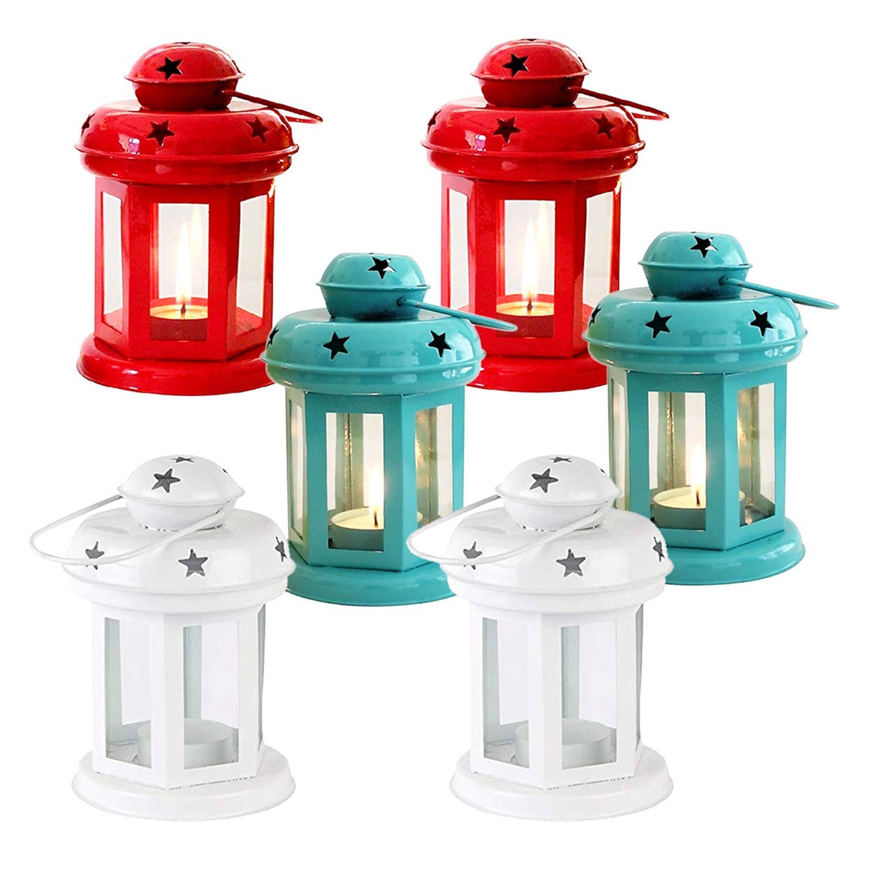 Star Hanging Lantern | Laltern Lamp | Tealight Candle Holder | Lamp (Combo, Set of 6) (Red-White-Blue)