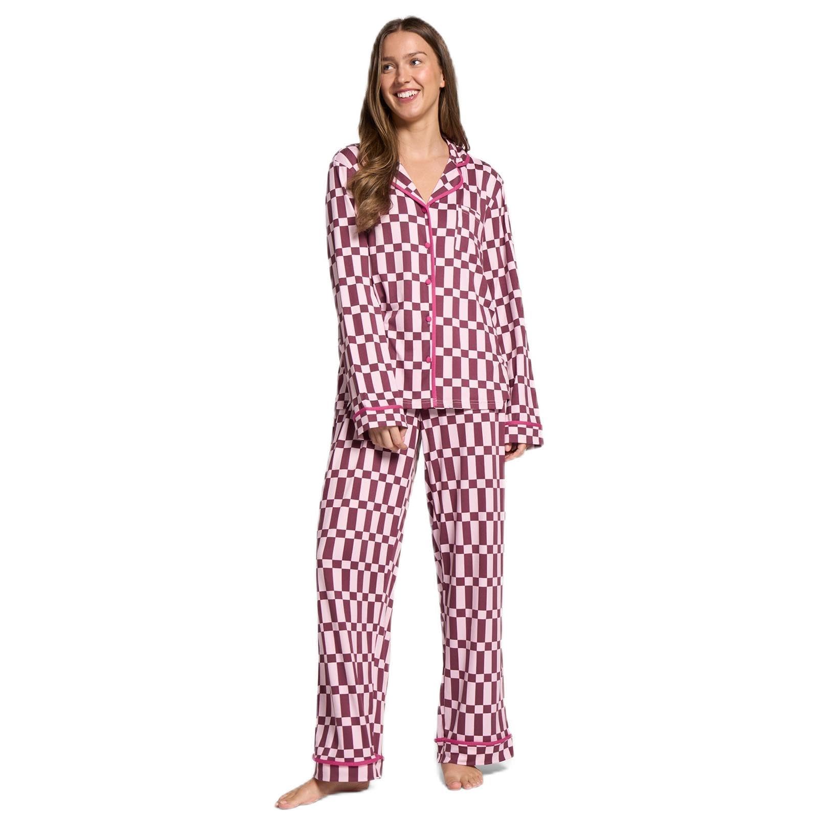 Ohs Women's Burgundy Checkerboard Piped Bride Pyjamas, Gifts For Long Sleeve And Full Length Bottom Pjs For Sets Two Piece Button Down Pyjama Sets Nightwear Sleepwear, - S/M
