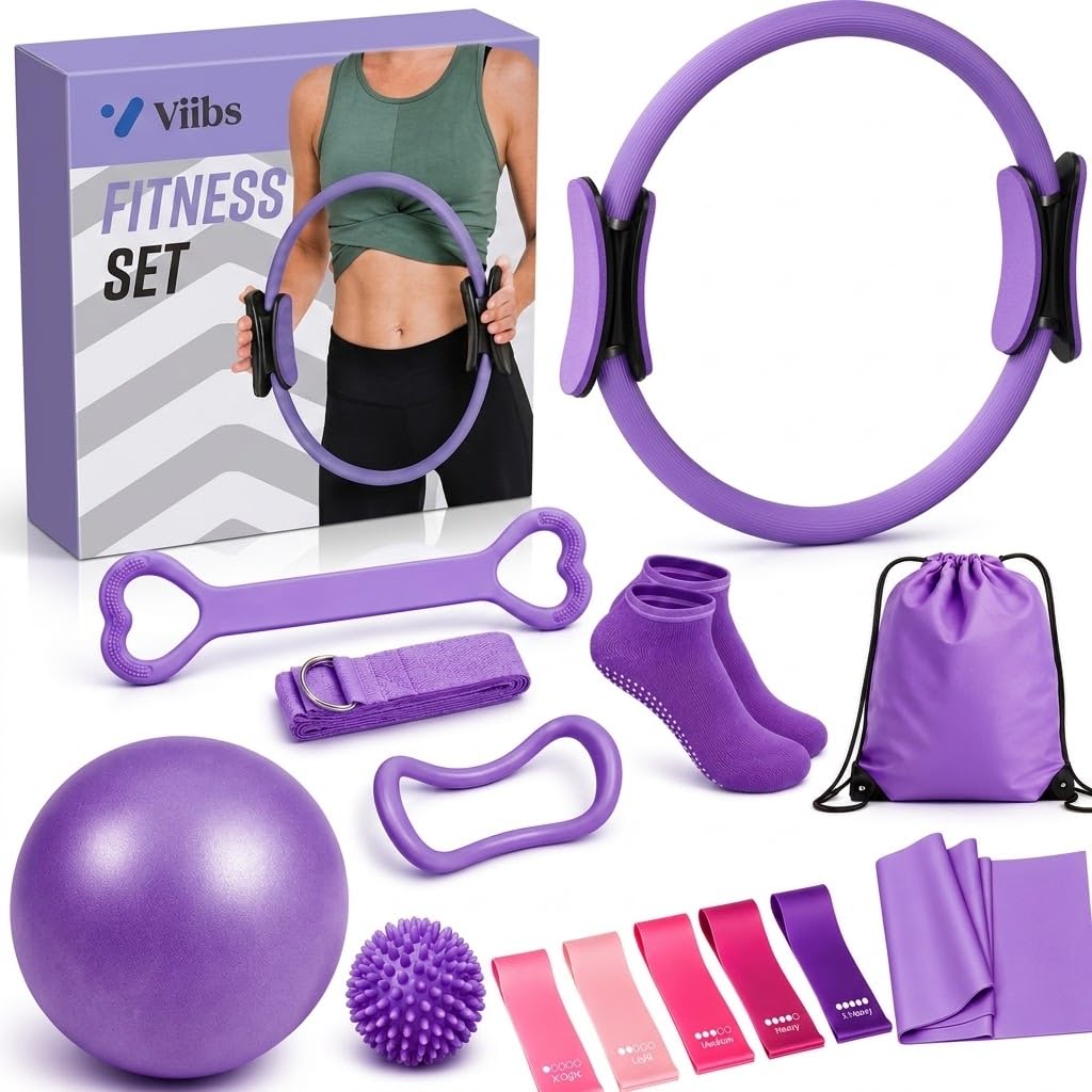 Viibs 13 Pcs Pilates Kit for Women, Pilates Equipment Set with Ring, Ball & 5 Resistance Bands, Home Pilates Set with Stretch Strap, Figure 8 Band, Pilates Socks & Carry Bag