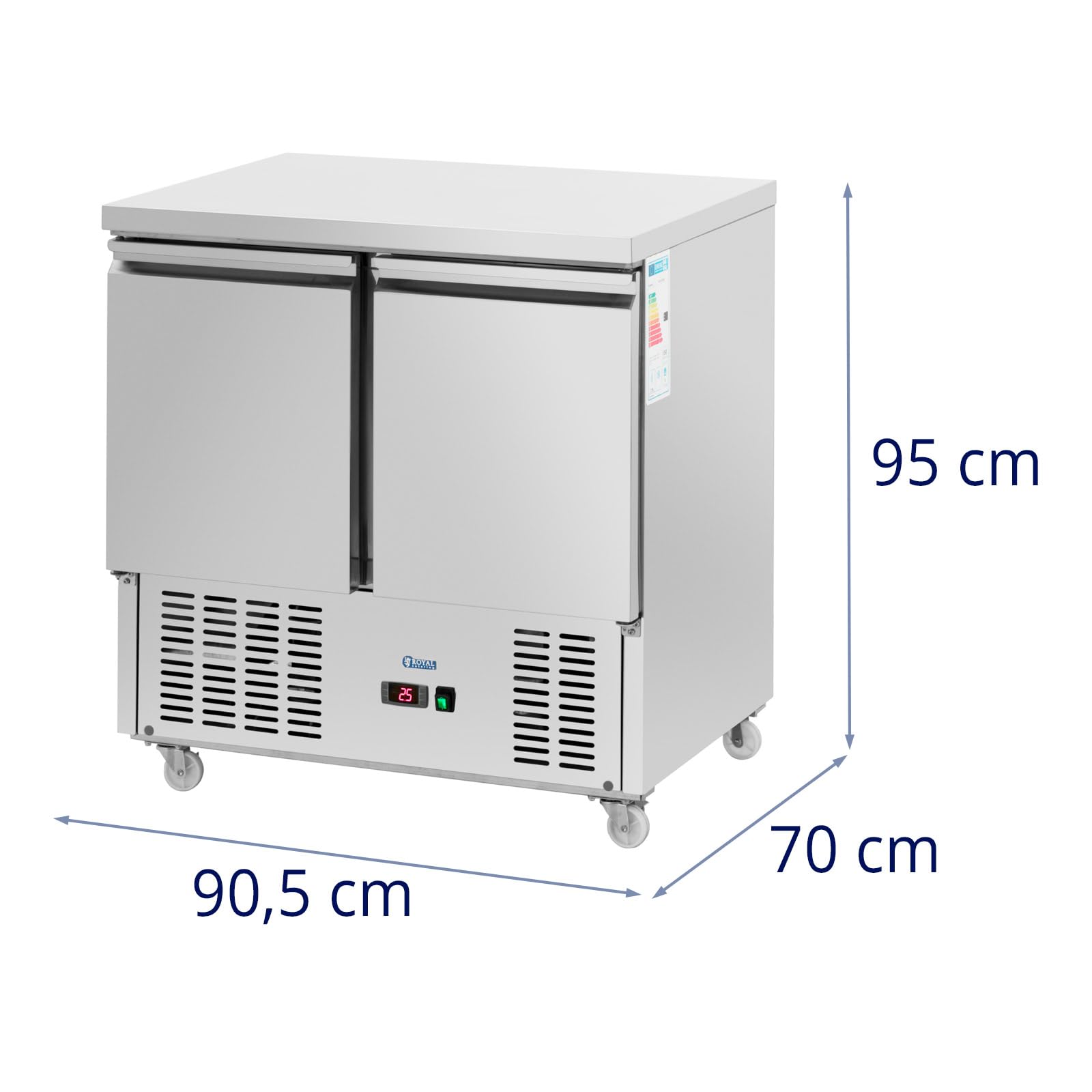 Royal Catering Table réfrigérée sur roulettes 240 l avec 2 compartiments 90 x 70 cm Classe C Inox - Table frigo Desserte réfrigérée Table froide