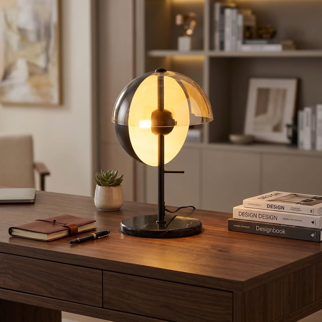 BARCELONA LED Lampa Stołowa UMBRA E27 Nowoczesny Design z Podwójnym Kloszem Czarny Metal i Bursztyn, Lampka Biurkowa z Pośrednim Światłem Bez Oślepiania Styl Industrialny