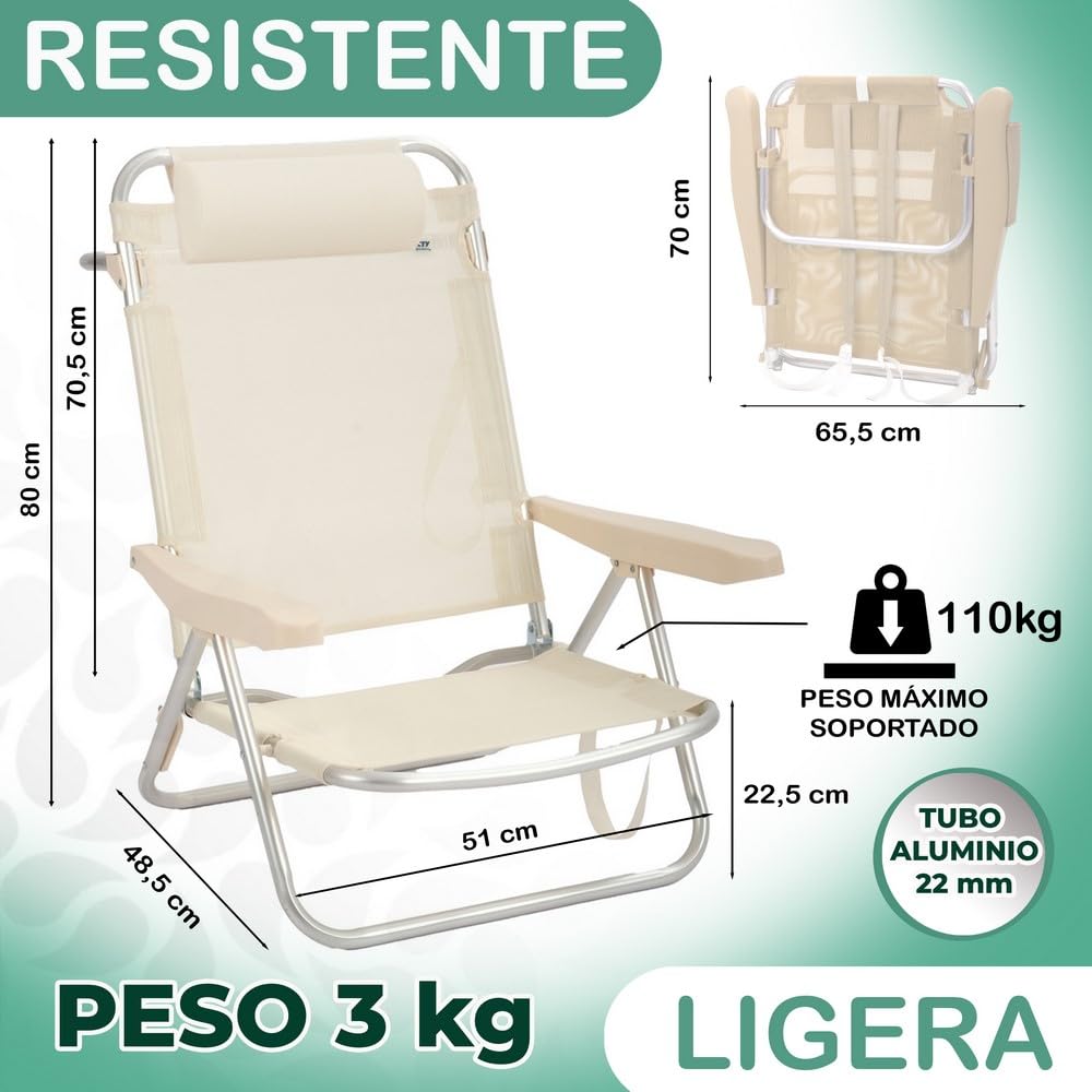 LOLAhome Silla Playa Mochila de 4 Posiciones de Aluminio y textileno de Color Beige