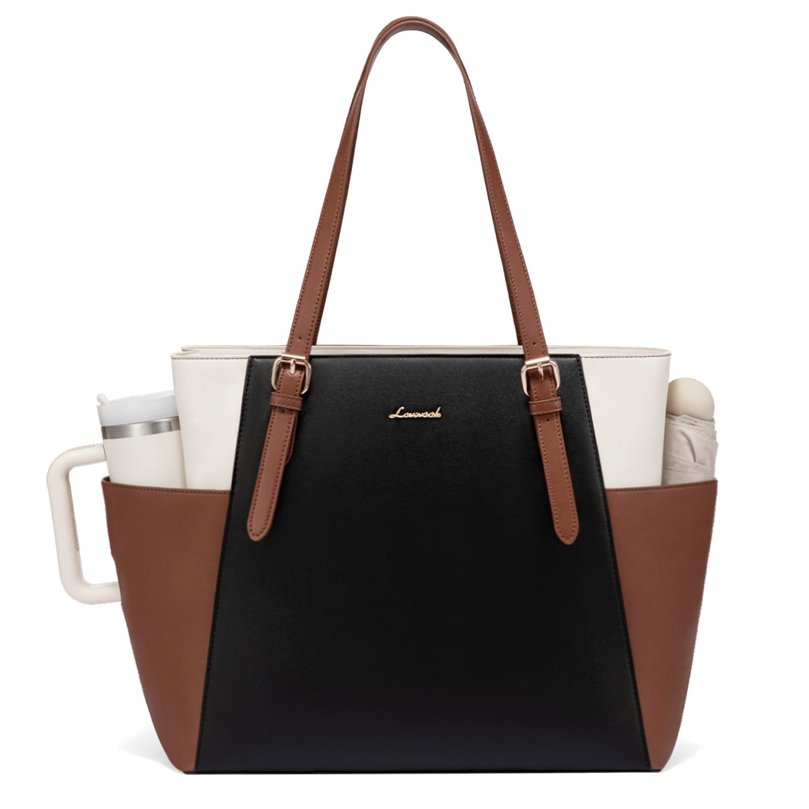 LOVEVOOK Laptop Tote Bag for Women With Large Cup Holder, Leather Work Tote Bag for Women,17.3 Inch Professional Computer Briefcase Business Teacher Commuter Shoulder Bag,Office Travel Gift