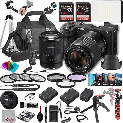 Sony a6700 Mirrorless Camera with 18-135mm Lens, 128GB Extreem Speed Memory,Microphone, 120LED Video Light, Tripod, Filters, Hood, Grip,Spare Battery & Charger, Editing Software Kit -Deluxe Bundle