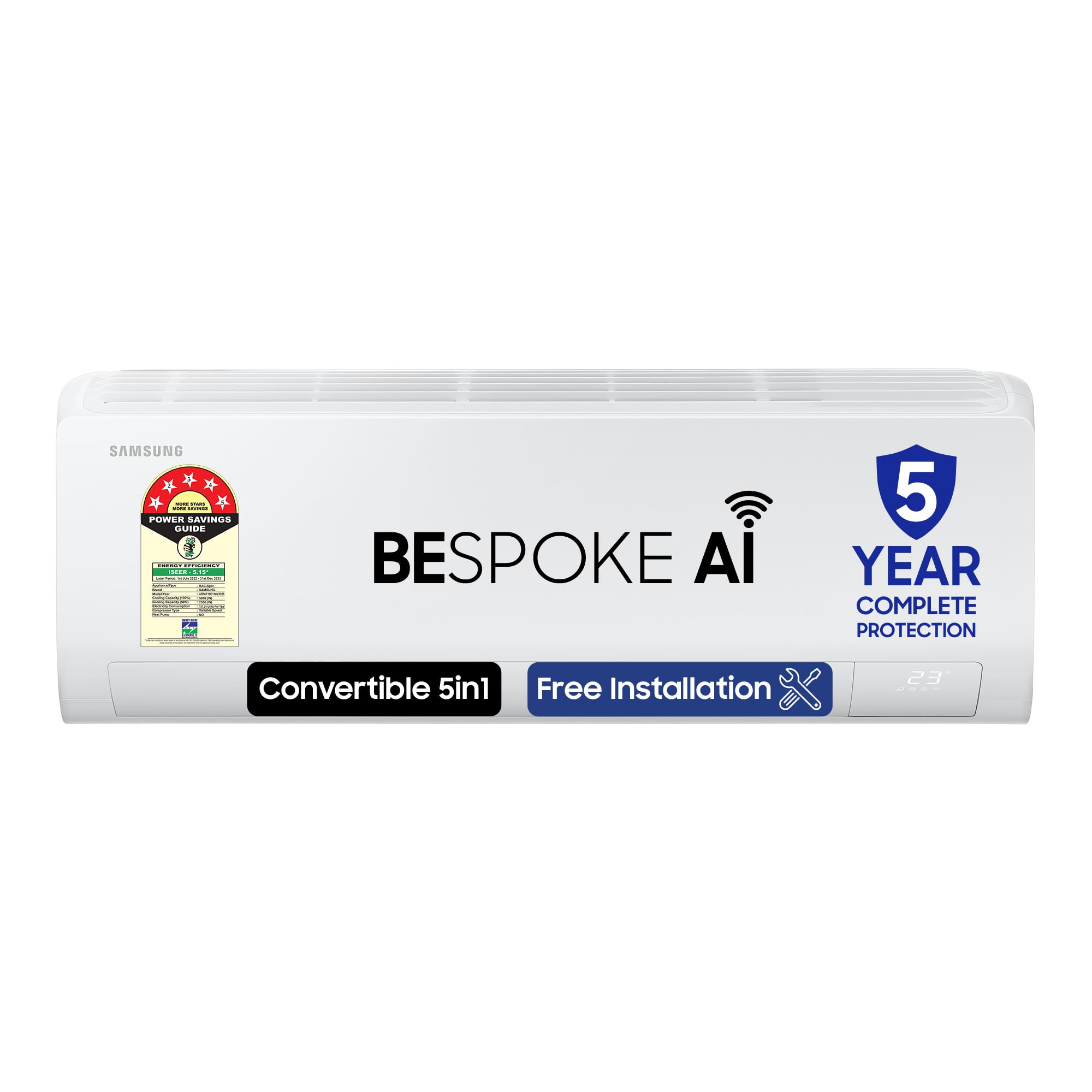 Samsung 1.5 Ton 5 Star AI Inverter Smart Split AC (WiFi, Energy Saving, Voice Control, Powerful Cooling, Copper, Digital Inverter, 4 Way swing, 5 Step Convertible, BESPOKE AI AR50F19D1NHNNA)