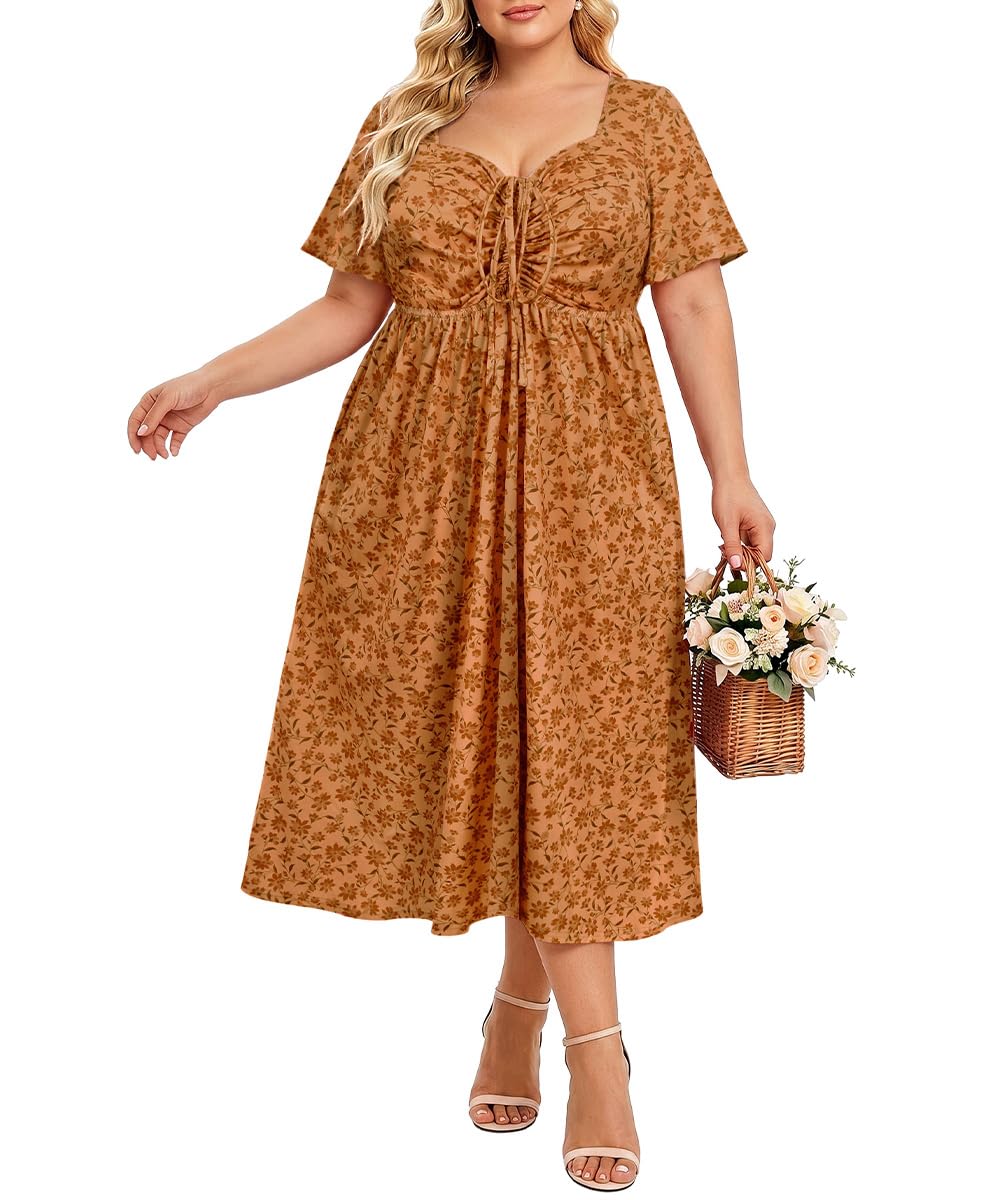 CARCOS Plus Size Dresses for Curvy Women Tie Sweetheart Neck Summer Maxi Dress Short Sleeve Empire Waist Floral Boho Dress