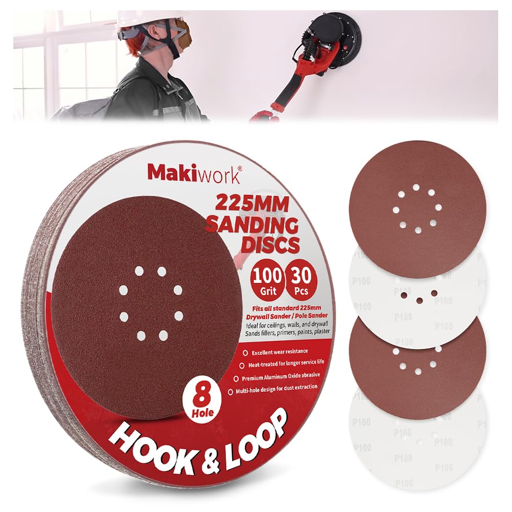 Makiwork 30PCS 225mm 8-Hole 100 Grit Hook & Loop Sanding Discs – Heavy-Duty Aluminum Oxide Sandpaper for Drywall Sander, Paint Removal, Wood & Metal Surface Prep