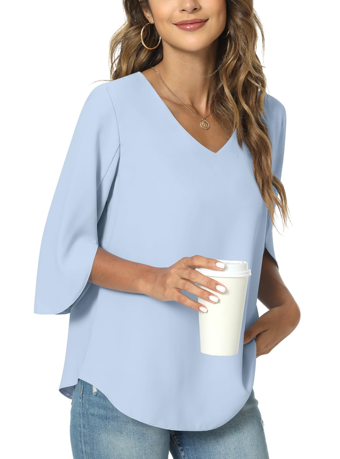 TAOHUADAOWomens 2025 Summer 3/4 Sleeve Tunic Tops Chiffon Work Blouse V-Neck Dressy Casual Shirt