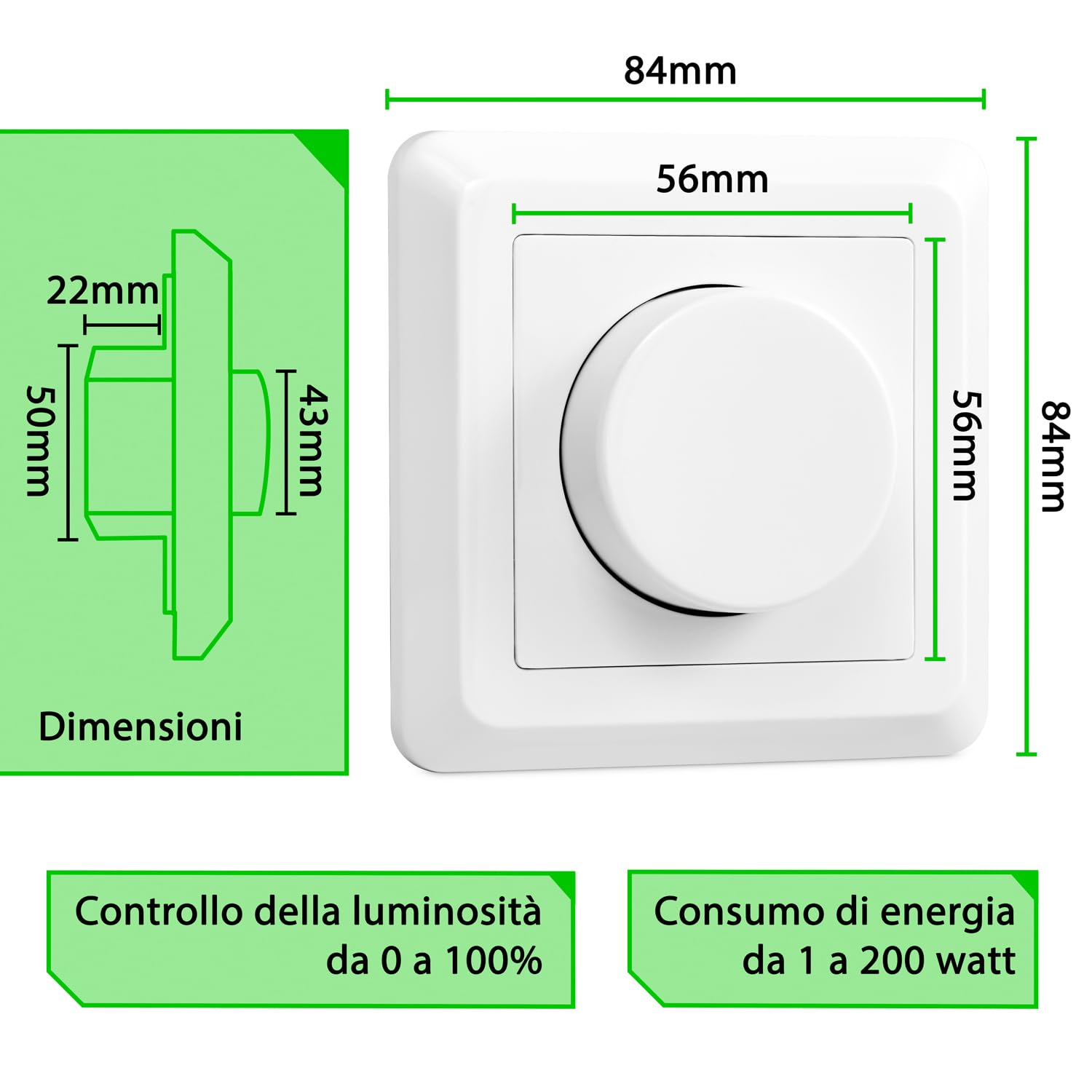 2x greenandco® gc-200 dimmer da incasso a LED rotante da 1-200 W, adatto anche per lampadine convenzionali e circuiti con deviatore, bianco