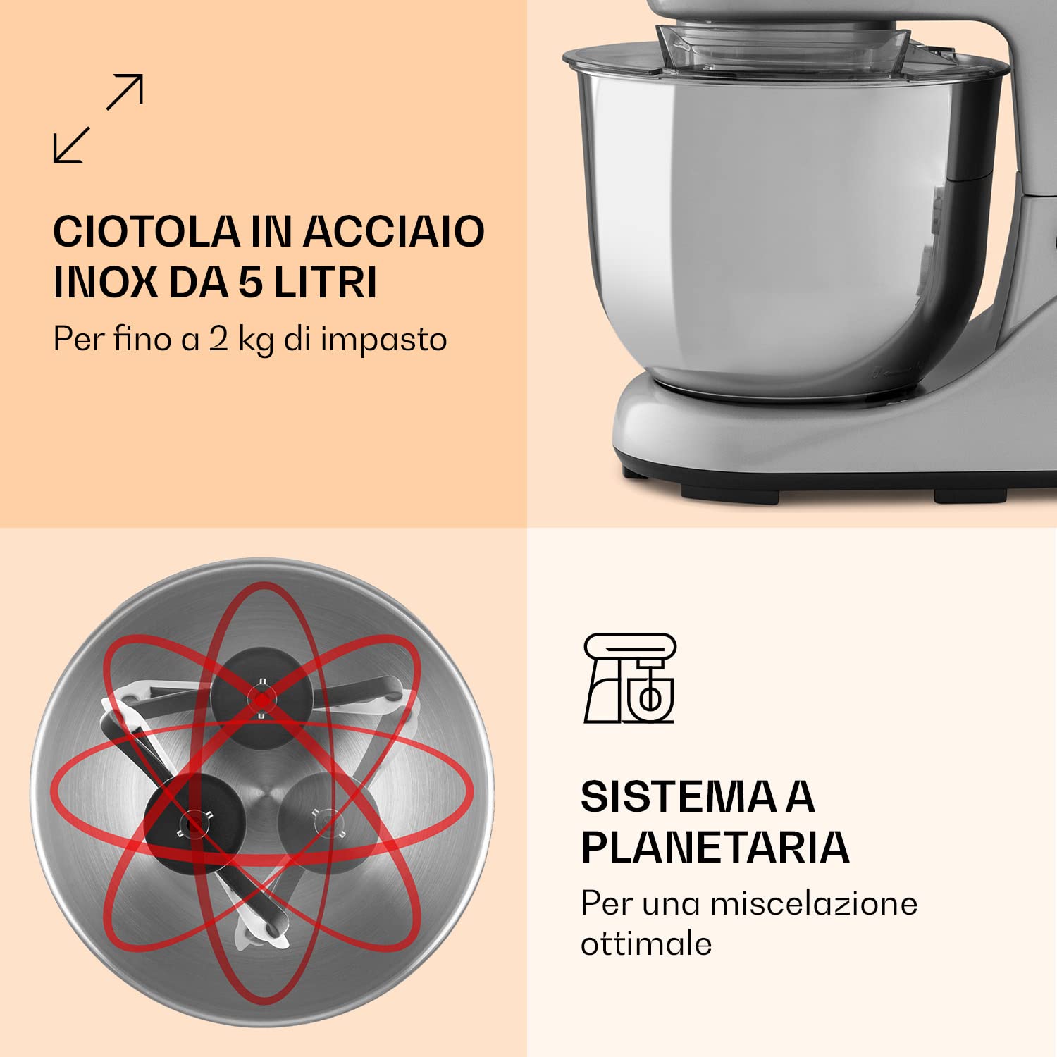 Klarstein Planetaria Professionale, Impastatrice Planetaria 5 Litri con Ciotola, Impastatrice Planetaria Professionale 1300W per Pizza e Dolci a 6 Velocità, Impastatrice Pane con Gancio e Frusta