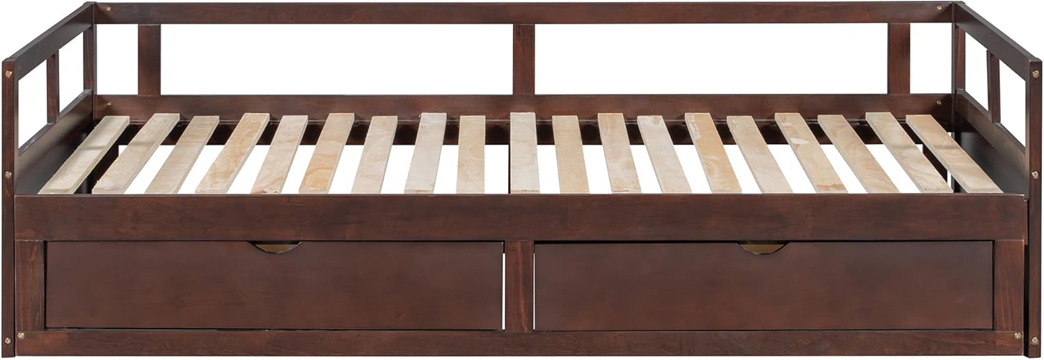 MERITLINE Daybed with Trundle and Two Drawers, Extendable Daybed Sofa Bed for Bedroom Living Room, Espresso