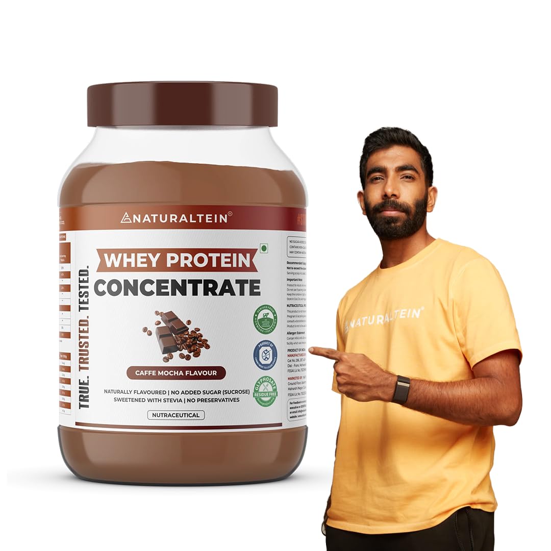 NATURALTEIN Natural Whey Protein Concentrate Caffe Mocha - 1 kg (Naturally flavored, Non GMO, No Artificial Sweeteners)