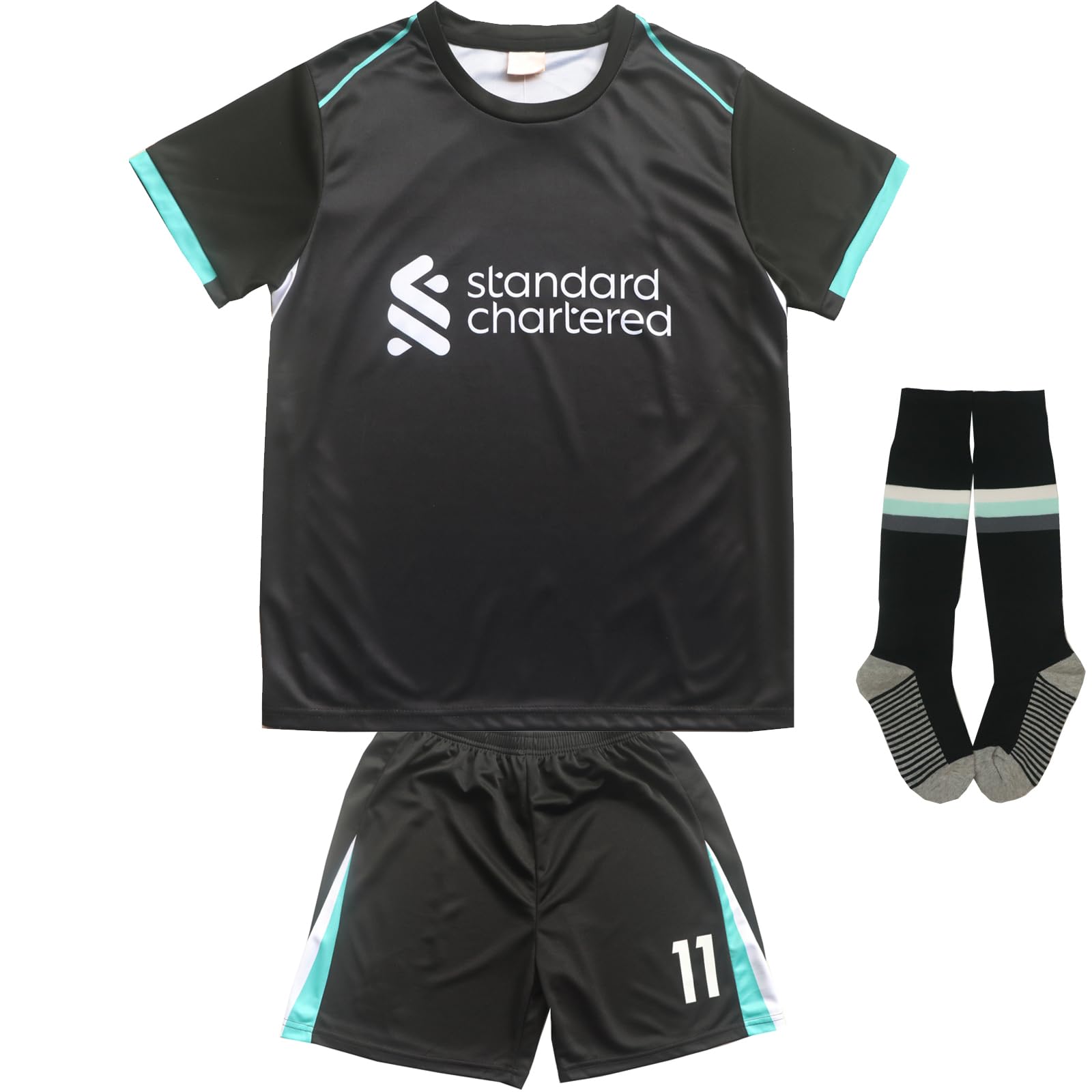 KWFOM Lpool Mo Salah #11 Away Kids Soccer Jersey Kit with Shorts/Socks Set Youth Sizes (Black, 24)