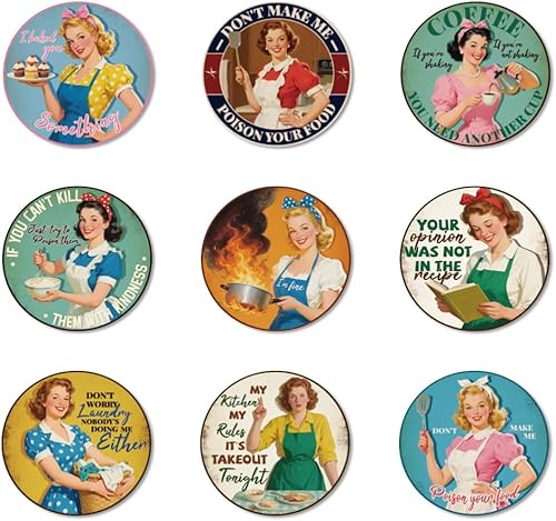 ANATTASOUL Juego de 9 posavasos de madera con patrón retro de ama de casa, a granel, redondos, regalo de inauguración de la casa para el nuevo