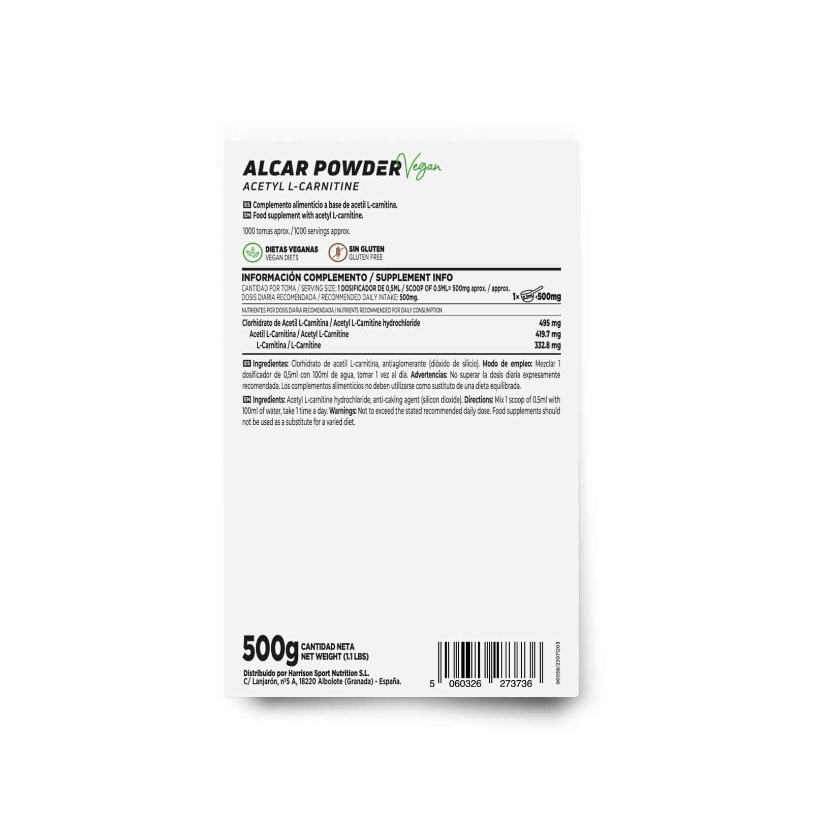 HSN ALCAR en Polvo | Sin Sabor 500g | 100% Pura Acetil L-Carnitina Sin Añadidos ni Excipientes | No Incluye Dosificador | No-GMO, Vegano, Sin Gluten