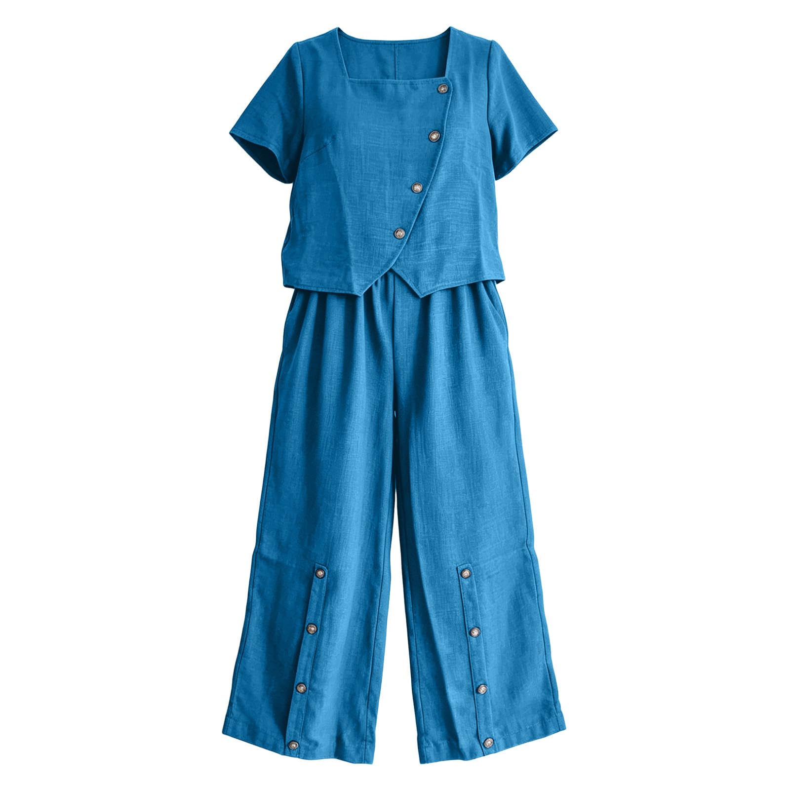 hausanzug damen Lässiges und modisches Damen Set aus kurzem Ärmel, weitem Bein, eckigem Ausschnitt, schräger Vorderseite, seitlicher Knopfleiste und eckiger Hose mit eckigem hosenanzug (Blue, XL)
