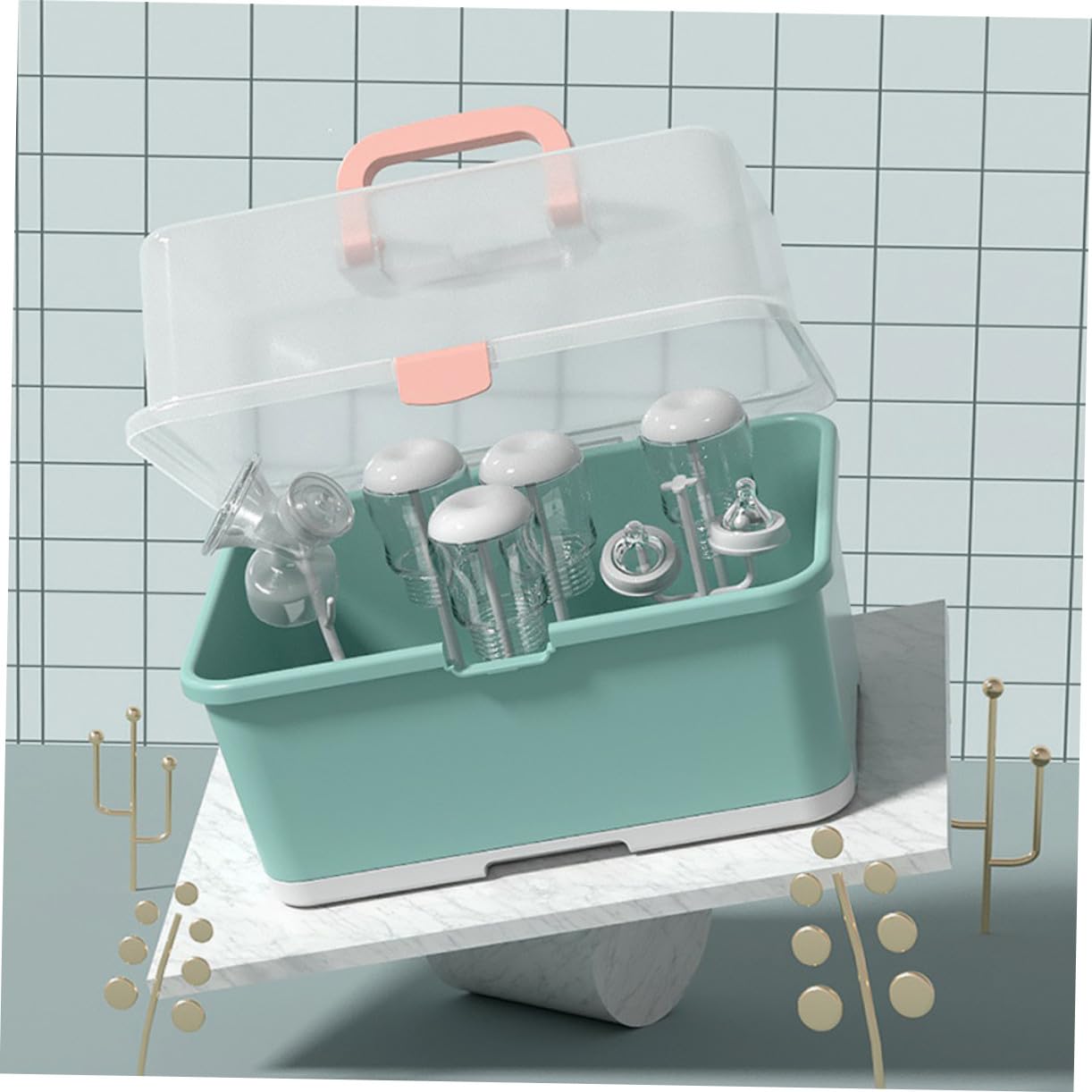 Hohopeti Babynahrungsflaschen Trockengestell mit Deckel Küchenorganizer für Babyflaschen und Zubehör Aufbewahrungsbox mit Abtropfschale Praktischer Flaschenhalter für Stillzubehör Grün
