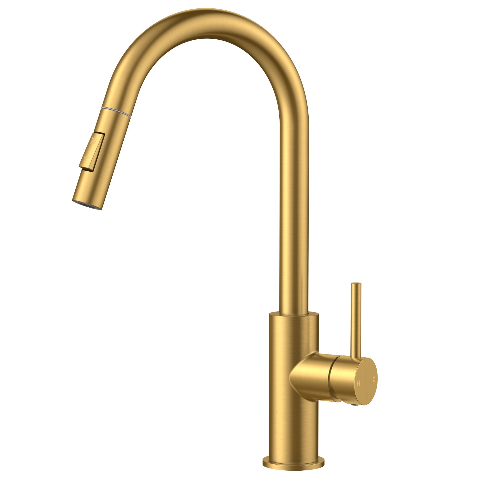 Gold Kitchen Faucet with Pull Down Sprayer, Brushed Brass High Arc Gooseneck Modern Sink Faucet with CUPC Ceramic Cartridge, Single Handle Stainless Steel and Deck Plate