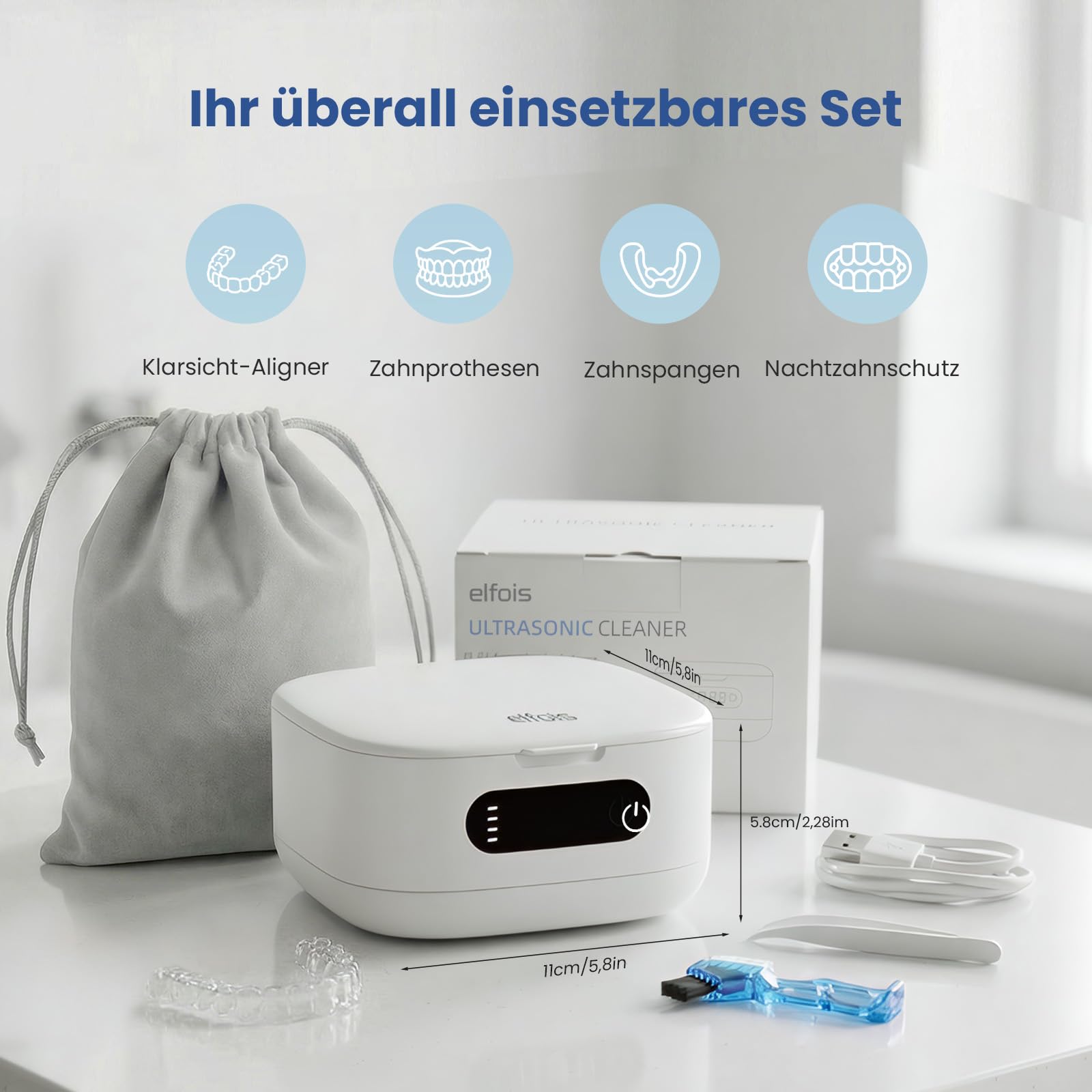 Tragbares Ultraschallreinigungsgerät mit UV-Licht – Kabelloser & Wiederaufladbarer Reiniger für Invisalign, Zahnschienen, Aufbissschienen & Gebiss | Reisefertig mit integriertem Spiegel