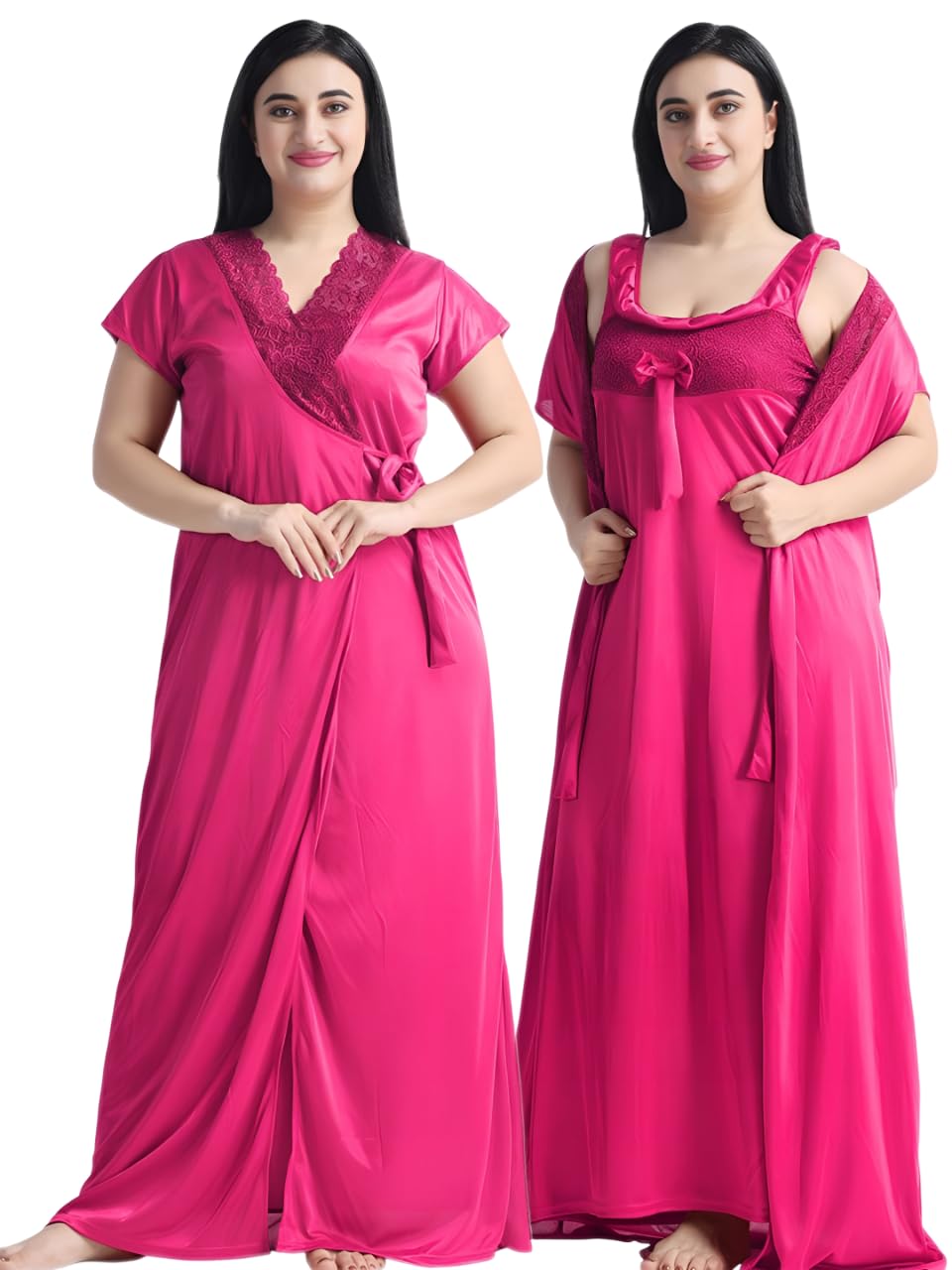 Swati Fashion Women's Long Satin Nightgown, Rani Pink, Lace Trim V-Neck, Floor Length-picture-53