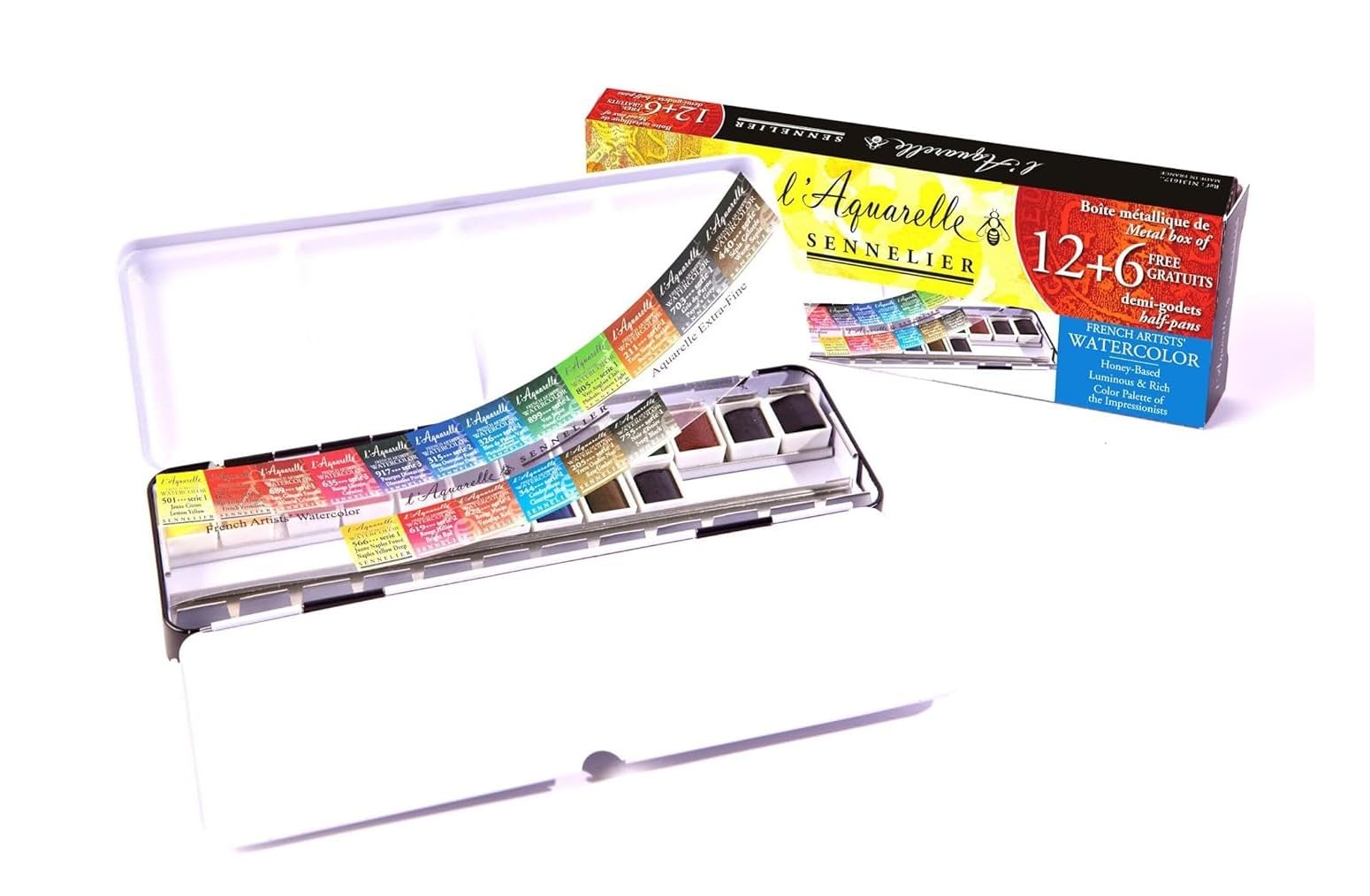 Sennelier Boîte de Peinture Aquarelle Extra-Fines,18 demi-godets Boîte en métal et Da Vinci XS Synthetic Brush Voyage