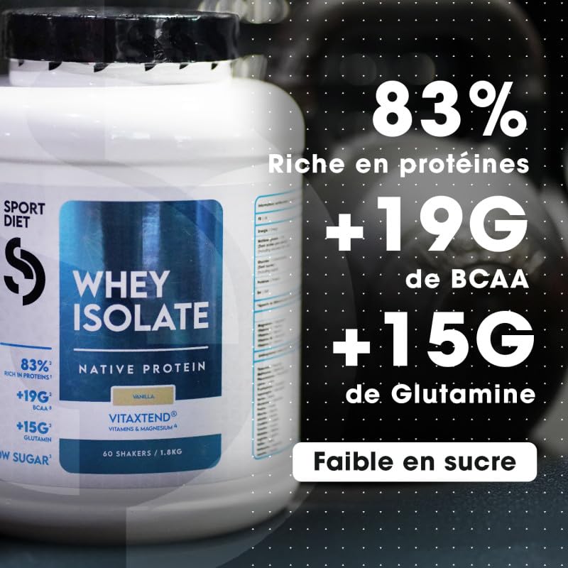 WHEY ISOLATE VITAXTEND – Protéine de Lactosérum Ultra-Filtrée – 24,9g de Protéines, BCAA, Glutamine – Soutien Musculaire, Récupération – Vitamines B6, C, D3, E – Maintien Masse Musculaire – SportDiet