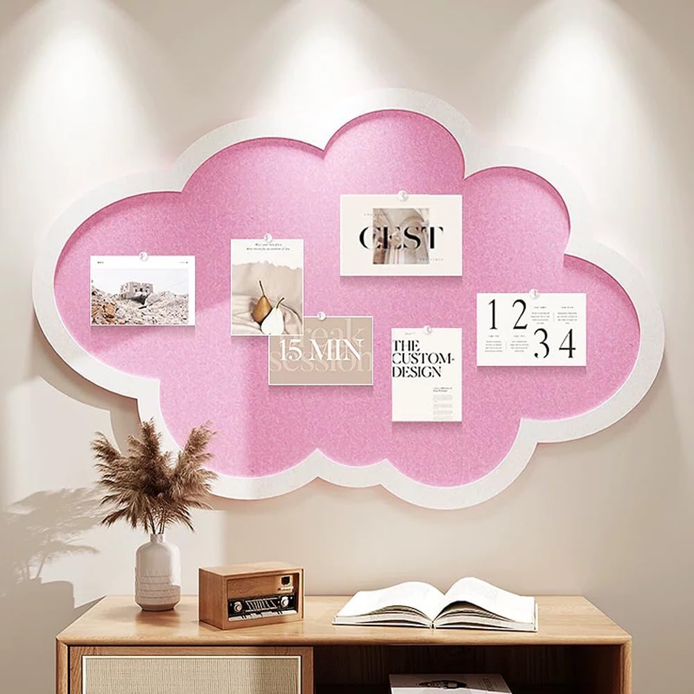 Cute Bulletin Board for Wall,Cloud Shape Cork Notice Board with Pushpins,Self Adhesive Felt Memo Board,Wall Decoration for Office Home School (Pink,60x40cm)