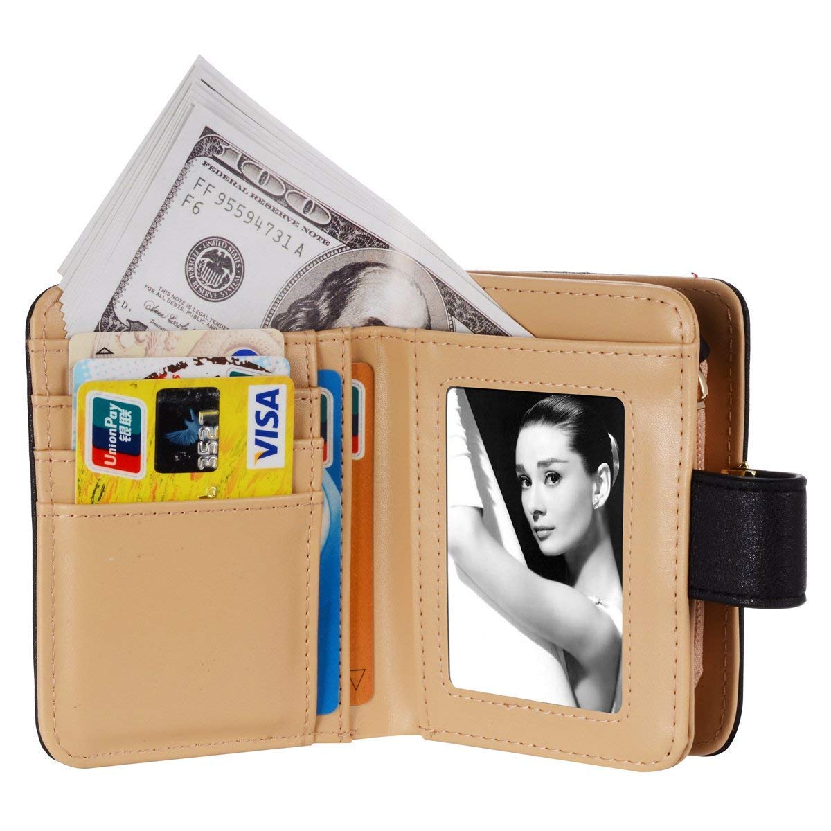 INOVERA (LABEL) Black Vegan Leather Women's Leaf Bi-fold Card Coin Holder Small Purse Clutch Wallet (KK23) 1