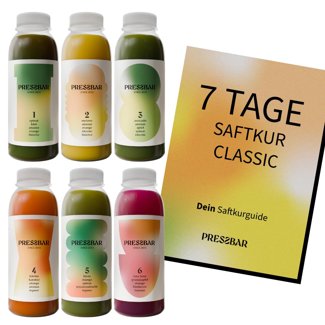 PRESSBAR Saftkur CLASSIC 7 Tage - 42 Säfte (330ml) kaltgepresst - Fastenkur - iPhone und Android App und Booklet zur Begleitung der Kur - Aus 100% Obst & Gemüse - inkl. 10,50€ Pfand