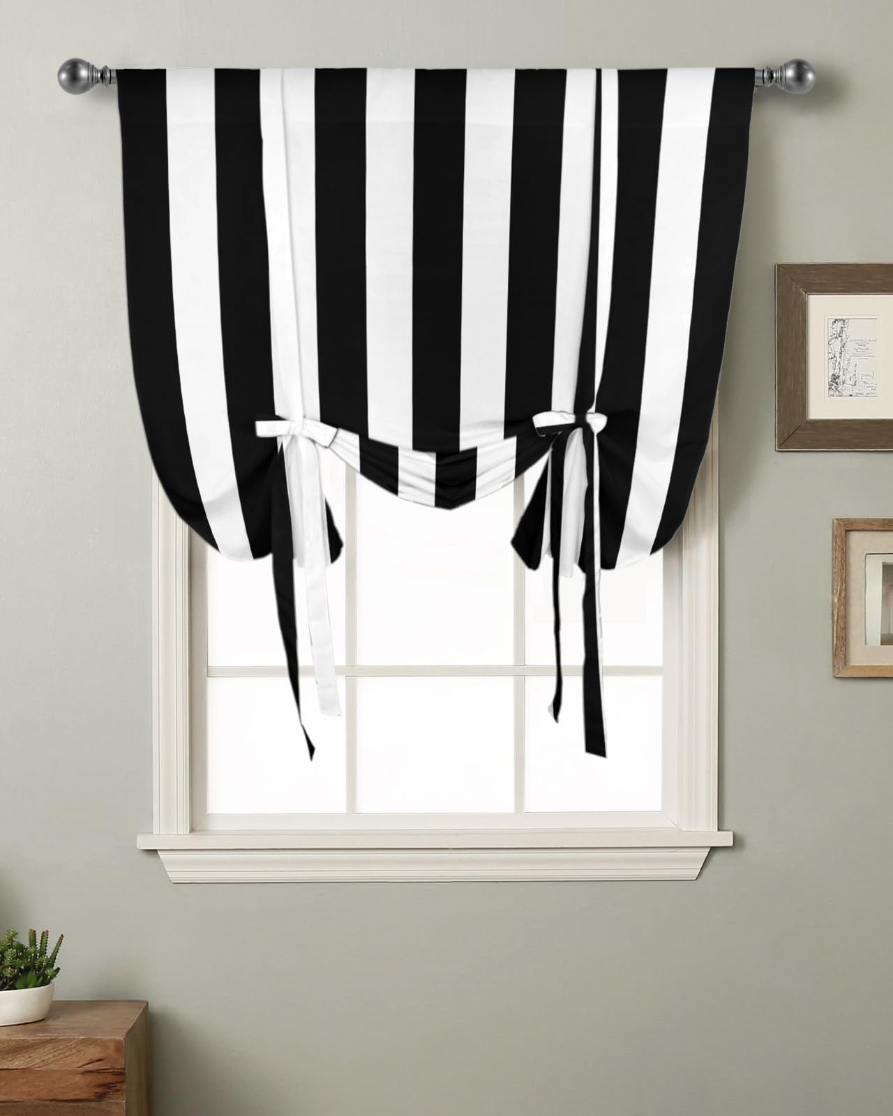 YOKOU Bow Look Tie Up Balloon Curtain, Black and White Stripes Adjustable Rod Pocket Window Shades Drape for Living Room, Bedroom?Kitchen 1 pcs 34 x45 inch