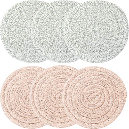 Coasters for Drinks 6Pcs Super Absorbent Coasters 43 Inch 8mm Thick Handmade Braided Coasters Heat-Resistant for Kitchen Dining Green Beige