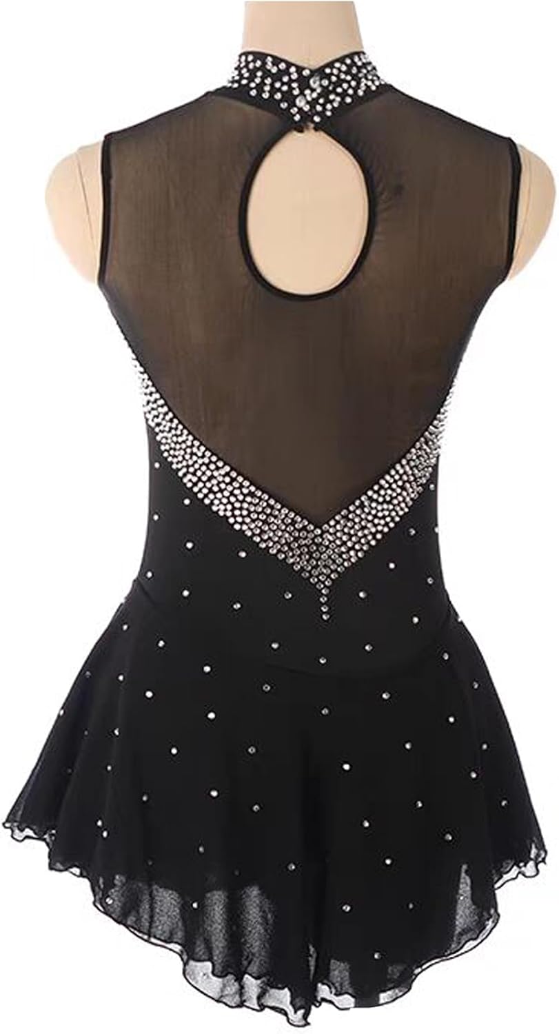 Figure Skating Dress,Girls Thumbhole Halo Dyeing Rhinestone Skating Black Performance Competition Wear Costume