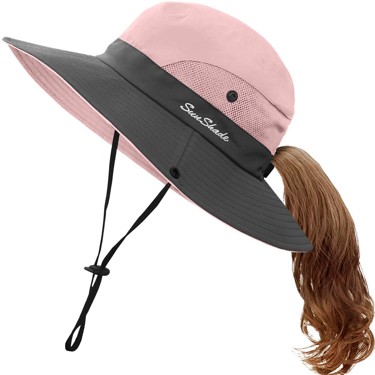 Kids UV Sun Hat with Ponytail Hole UPF 50 Bucket Cap for Girls Summer Beach ＆ Fishing - Pink - 5-12 Years( Head Circumference 20.6/21")M