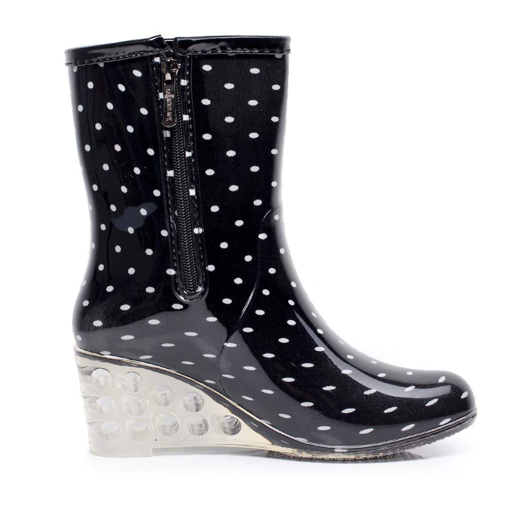 Bottes en caoutchouc compensées pour femme - Bottes en caoutchouc à plateforme mi-mollet - Imperméables et antidérapantes - Fermeture éclair latérale - Bottes de pluie confortables et tendance avec