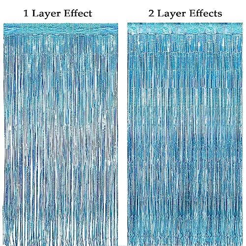 Image of 4Pcs Light Blue Fringe Backdrop 12.8x8.2 Feet Sparkle Metallic Tinsel Foil Fringe Curtain, Light Blue Fringe Curtains Door Streamers for Birthday Baby Shower Bachelorette Christmas Party Decorations