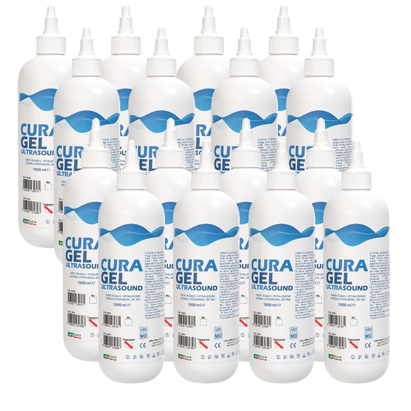 Cura Farma Gel Ecografia Trasparente 1 Litro (12 Flaconi) Alta Conduttività, Non Irrita, Non Unge, Anallergico, Facile da Pulire, Compatibile, Sicuro