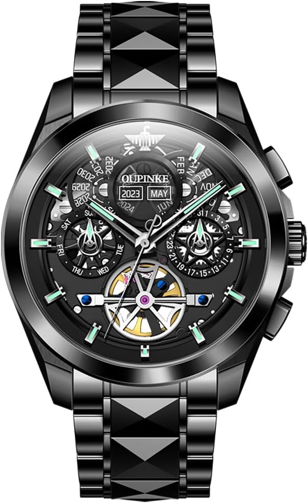 OUPINKE Men Watch Automatic 5 Hands Multi Calendar Year/Month/Week/Date Mechanical 5ATM Waterproof Luxury Tungsten Steel Sapphire Crystal Wrist Watch for Men