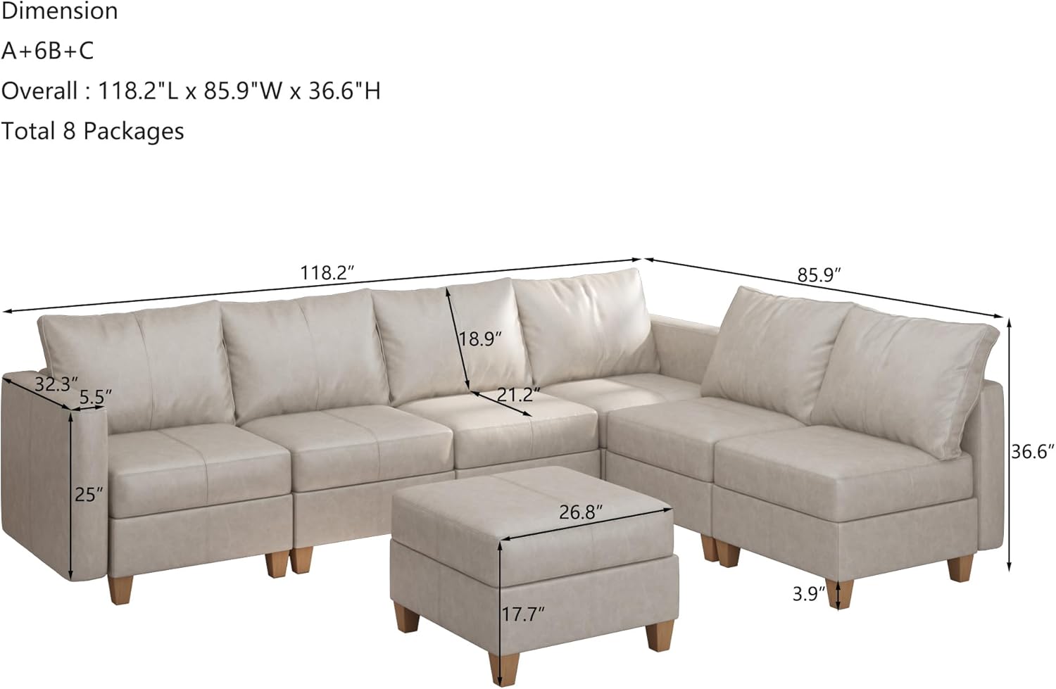 EASE MOOSE Faux Leather Sectional Sofa L Shaped Sofa Couch with Reversible Chaises, Modular Sectional Couch with Storage for Living Room, Whitesand