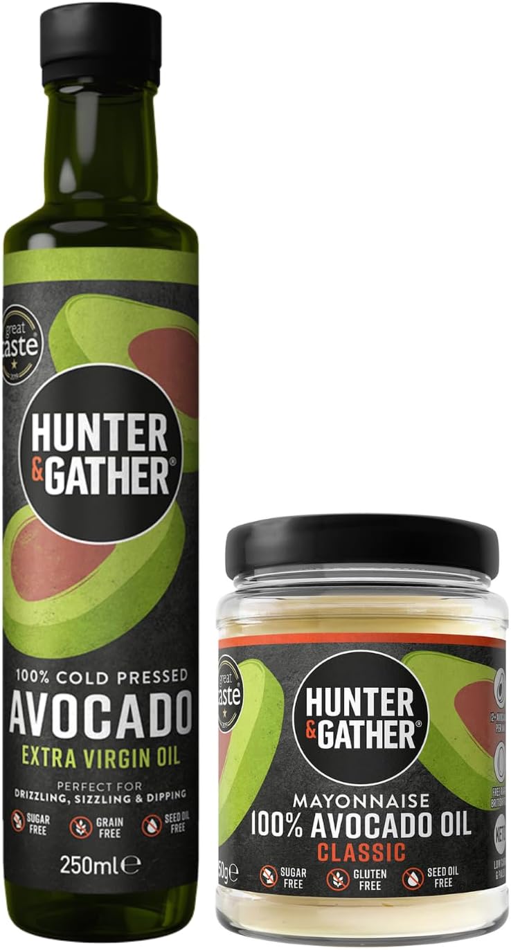 Hunter & GatherExtra Virgin Avocado Oil 250ml & Avocado Mayonnaise 250g | Cold Pressed, Unrefined, Bottled in UK | Made with British Free Range Egg Yolk | Paleo, Keto, Sugar, Seed-Oil & Gluten Free