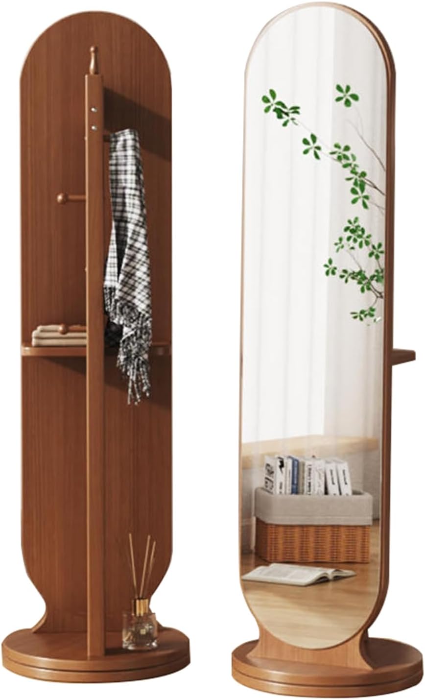 Floor-Standing Solid Wood Rotating Coat Rack，Full Length Mirror with Coat Rack - 2-in-1 Freestanding Floor Mirror with 360° Rotating Base, Hooks & Shelves for Living Room, Bedroom & Hallway