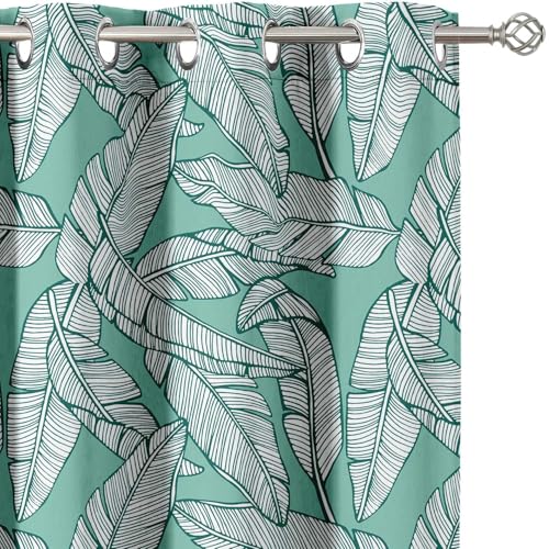 Vargottam Banana Leaf Line Art Design Blackout Curtains - Set of 2 Panels, 42 x 72 Inches Each - Light Blocking & Thermal Insulated Drapes with Grommet Top for Bedroom & Living Room - Green