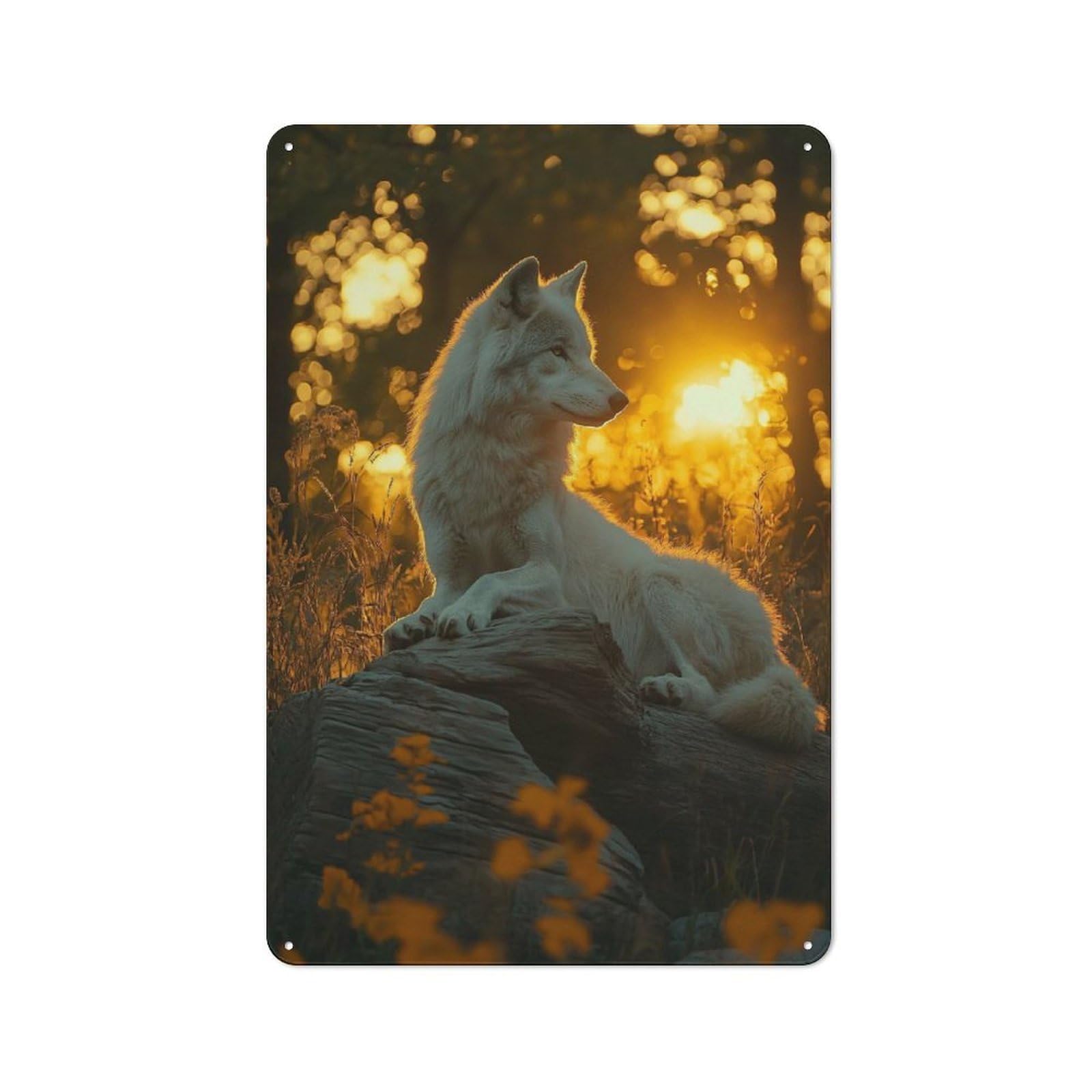 Junmoney Style-22 White Wolf In Golden Sunlight Vintage Metal Wall Decor 30X20cm, Vintage Metal Sign For Cafe, Bistro, Bakery Or Restaurant